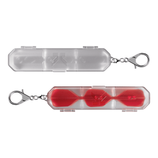 Target K-Flex K-Case Flight Box Das Bild zeigt zwei Target K-Flex K-Case Flightboxen mit transparenter Hülle. Eine Box enthält rote Dartflights, die durch das Kunststoffgehäuse sichtbar sind.