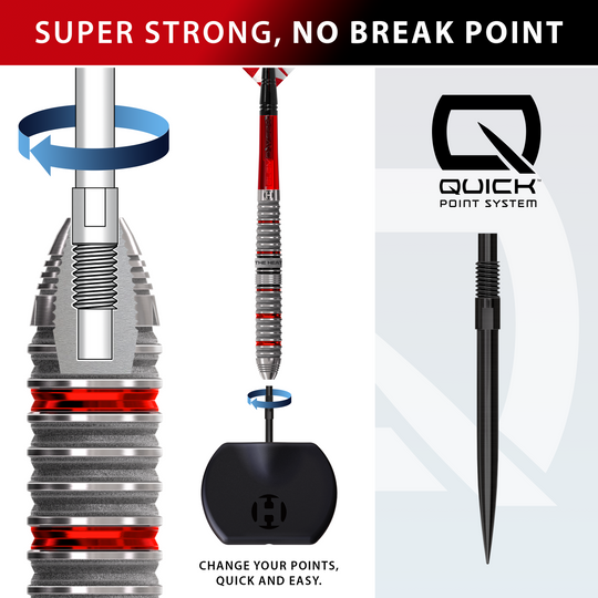 Harrow's Damon Heta Series 4 Quick Point steel darts Das Bild zeigt die Harrows Damon Heta Series 4 Quick Point Steeldarts. Die Steeldarts liegen nebeneinander und sind deutlich erkennbar.
