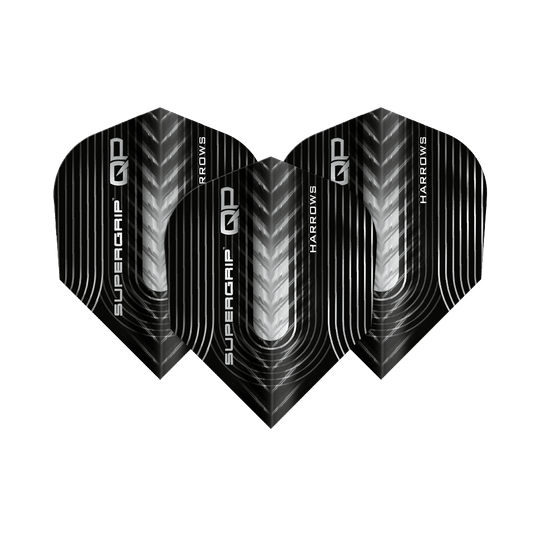 Harrows Supergrip QP No6 Flights sind Dartflights mit besonderem Design. Dieses Bild zeigt ein Set dieser Flights.