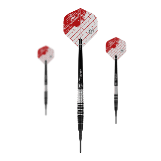 Bulls Martin Schindler Original Generation 3 soft darts Das Bild zeigt drei Softdarts des Modells „Bulls Martin Schindler Original Generation 3“. Die Darts haben schwarz-silberne Schäfte und rot-weiße Flights mit Ziegelmuster.