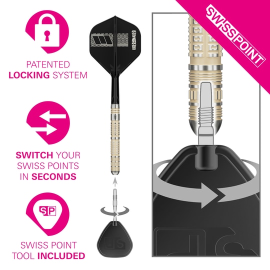 Das Bild zeigt die Target Dimitri Van Den Bergh 95K Swiss Point Steeldarts. Sie sind speziell für professionelle Turniere und anspruchsvolle Spieler entwickelt.