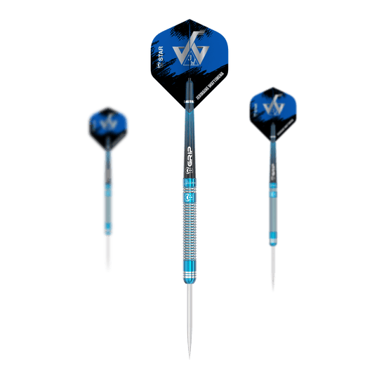 Bulls Jermaine Wattimena Generation 3 steel darts Das Bild zeigt drei Steeldarts des Modells "Bulls Jermaine Wattimena Generation 3". Die Darts haben blaue Flights mit weißen Initialen und silber-blau gestreifte Schäfte.