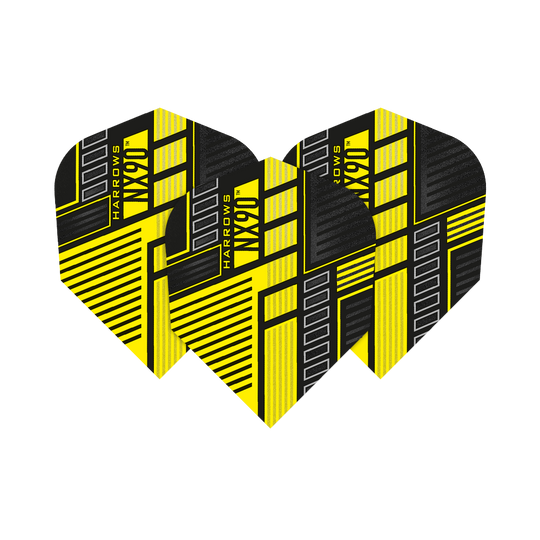 HR47_Harrows_Prime_NX90_Yellow_No6_Flights_18NvaTT70gx28E Das Bild zeigt drei gelbe Harrows Prime NX90 Flights mit schwarzem und grauem Muster. Die Flights haben ein modernes, geometrisches Design und sind für Darts geeignet.