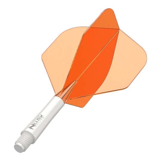 Red Dragon Nitroflite White Shaft Orange Flights No2 Abgebildet ist ein Dart-Schäfte-Set mit weißem Schaft und orangen Flights. Das Produkt scheint ein Red Dragon Nitroflite Modell in kurzer Ausführung zu sein.