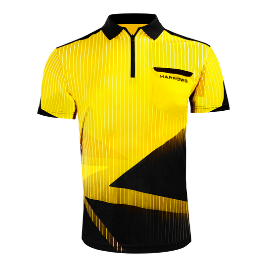 Harrows Shard Dartshirt - Gelb Das Bild zeigt ein gelbes Dartshirt der Marke Harrows mit schwarzen Akzenten und weißem Streifenmuster. Auf der Brust befindet sich ein schwarzes Logo mit dem Schriftzug "HARROWS".