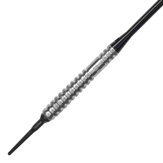 McDart 85 Tungsten V20 Soft Darts - 17g Auf dem Bild ist ein McDart 85er Tungsten V20 Softdart mit einem Gewicht von 17g zu sehen. Der Dartpfeil hat eine silberne, geriffelte Griffzone und eine schwarze Spitze.
