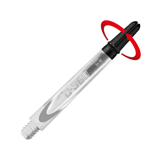 Das Bild zeigt einen transparenten Dart-Schaft mit der Aufschrift "C-360". Der obere Teil des Schafts ist schwarz und hebt sich vor einem roten Hintergrund ab.