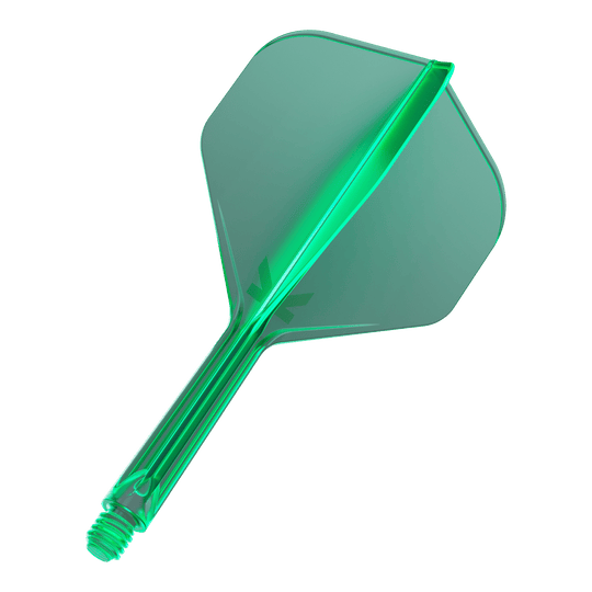 Target K-Flex No2 Standard Flight System - Green Das Bild zeigt einen grünen Dartflügel mit einem integrierten Schaft. Der Flügel hat eine Standardform und besteht aus durchsichtigem Kunststoff.