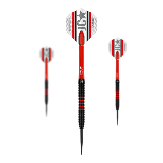 Winmau Joe Cullen 85 Pro-Series steel darts Das Bild zeigt drei Winmau Joe Cullen 85 Pro-Series Steeldarts. Die Darts sind rot, schwarz und weiß gestaltet und haben das Logo sowie den Namen auf den Flights.