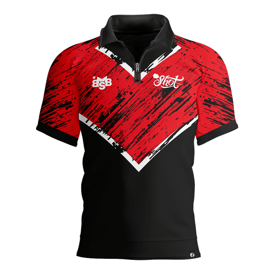 Shot Michael Smith Red Stripe Polo Dart Shirt Zu sehen ist das Shot Michael Smith Red Strip Polo Dartshirt. Das Hemd hat ein modernes Design mit roten Streifen.