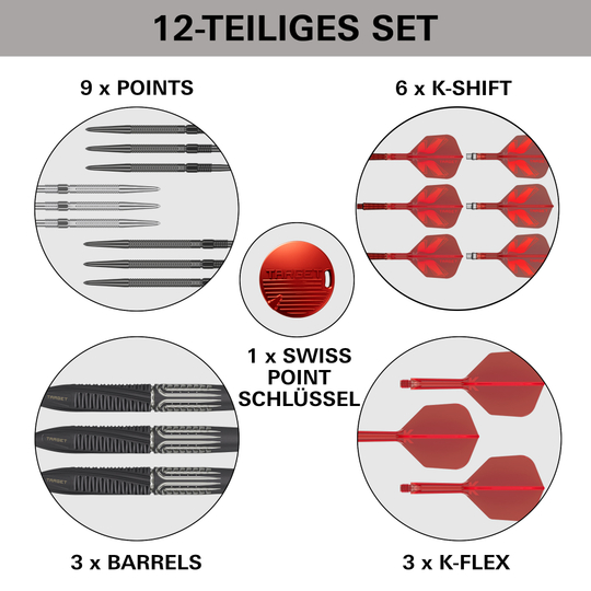 Abgebildet werden Target Shift Swiss Point Steeldarts. Die Anordnung verdeutlicht die Flight- und Schaftdetails.