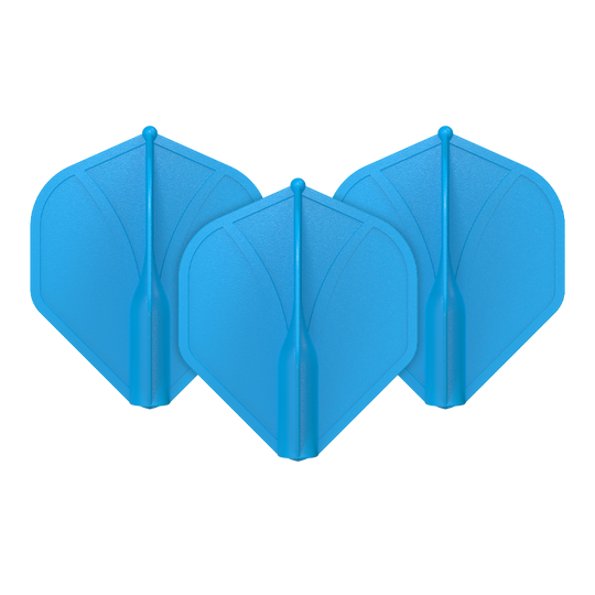 Auf dem Bild sind drei blaue Dart-Flights zu sehen. Sie haben eine geformte, stabile Struktur und sind nebeneinander angeordnet.