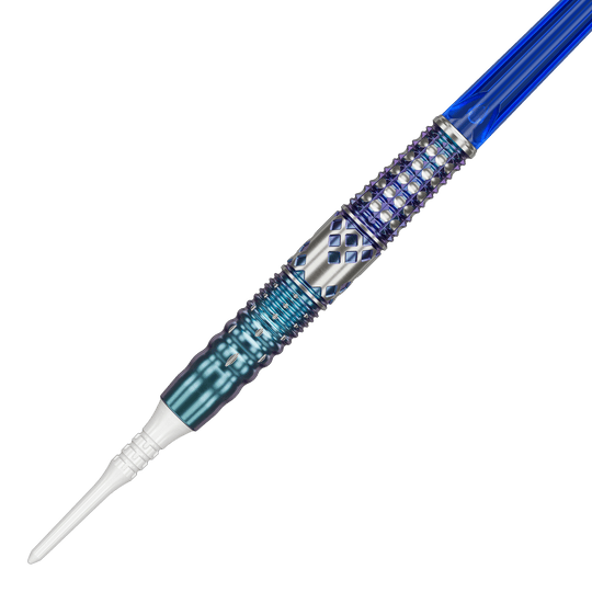 Target Japan Cathy Leung Charis GEN5 Soft Darts - 19g Dies ist ein Softdart namens "Target Japan Cathy Leung Charis GEN5 Softdarts - 19g". Er hat ein auffälliges Design mit blauen und silbernen Akzenten sowie strukturierter Oberfläche.
