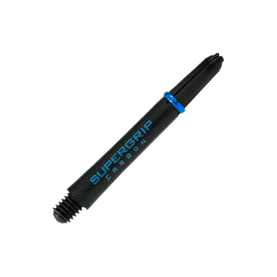 HR364_Harrows_Supergrip_Carbon_Shafts_Aqua_40mm_2 Dies ist ein Harrows Supergrip Carbon Shaft in der Farbe Aqua. Der Schaft ist schwarz mit blauer Aufschrift und einem blauen Ring.