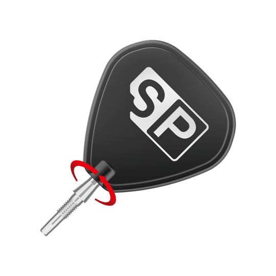 Target Swiss Storm Onyx Point Dart Tips - Silver Das Bild zeigt eine silberne Dartspitze des Produkts "Target Swiss Storm Onyx Point". Die Dartspitze ist an einem schwarzen Dartflügel mit der Aufschrift "SP" befestigt.