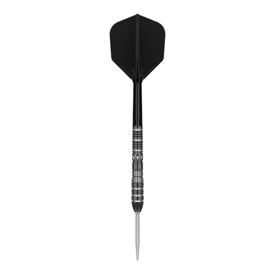 Das Bild zeigt einen Target Black Marque Dragon 3 Swiss Point Steeldart. Der Dartpfeil hat ein schwarzes Flight und einen silber-schwarzen, metallischen Griffbereich.