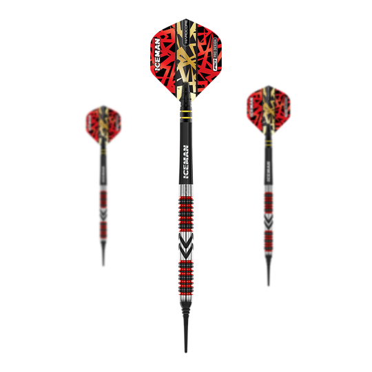Das Bild zeigt drei Softdarts des Modells "Red Dragon Gerwyn Price Firebird - 20g". Die Darts haben rote Flights mit schwarzem und goldfarbenem Muster sowie silberne und rote Ringe am Barrel.
