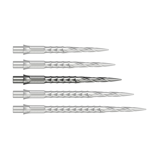 Caliburn System steel dart tips - Spiro - NoLip - silver Zu sehen ist vermutlich eine Steeldartspitze in Silber, 32 mm lang. Das Produkt ist eine Spiro NoLip Spitze vom Caliburn Evo System.
