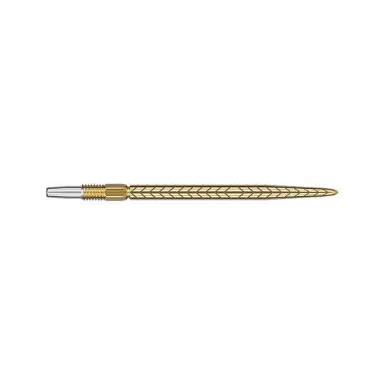 Das Bild zeigt eine goldfarbene Dartspitze mit einem feinen, eingravierten Muster. Die Spitze ist lang und hat ein elegantes, schlankes Design.