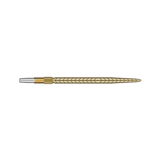 Target Swiss Point RVE dart tips - Gold Das Bild zeigt eine goldfarbene Dartspitze mit einem feinen, eingravierten Muster. Die Spitze ist lang und hat ein elegantes, schlankes Design.