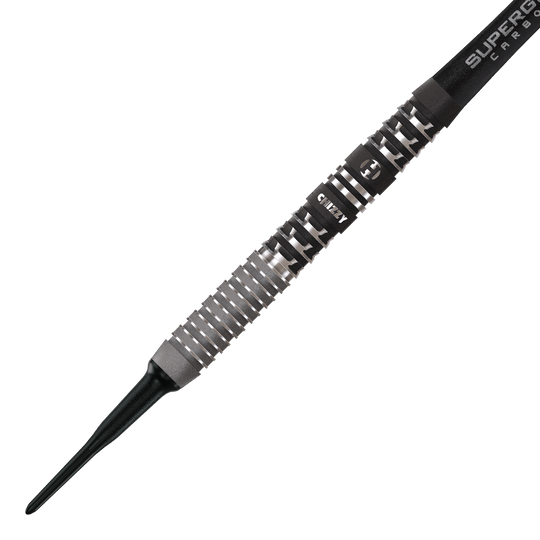 Das Bild zeigt die Harrows Dave Chisnall Chizzy Series 4 Softdarts. Dies sind spezielle Softdarts, entworfen für präzises Werfen.