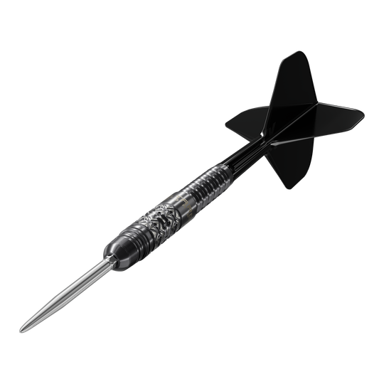 Das Produkt Target Japan Black Marque Creed Swiss Point Steeldarts - 23g ist zu sehen. Die schwarzen Darts stehen für hochwertige Verarbeitung.