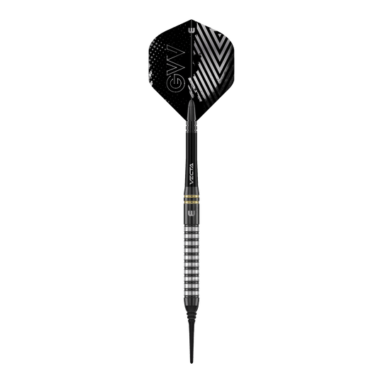 Winmau Gian Van Veen TS soft darts - 18g Winmau Gian Van Veen TS Softdarts mit 18g werden aus der Nähe gezeigt. Ein einzelner Dartpfeil liegt im Fokus des Bildes.