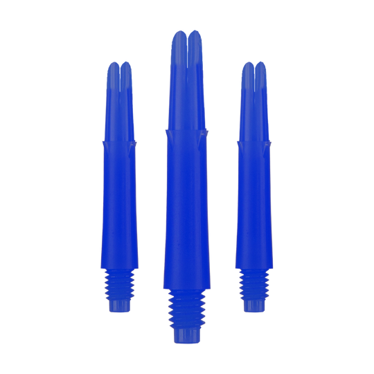 L-L-Style-Shafts Locked Straight - Blue Auf dem Bild sind drei blaue Dartschäfte in unterschiedlicher Höhe zu sehen. Sie haben ein gerades Design und ein Gewinde am unteren Ende.