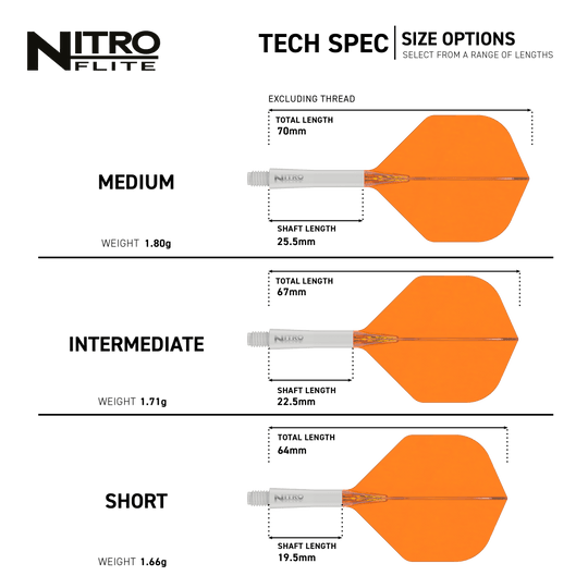 Red Dragon Nitroflite White Shaft Orange Flights No2 Dieses Bild präsentiert den Red Dragon Nitroflite White Shaft Orange Flights No2. Der Dart-Schaft hat eine weiße Farbe, die Flights sind orange.