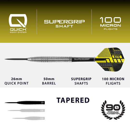 Harrows NX90 Tapered Quick Point Steel Darts Zu sehen sind die Harrows NX90 Tapered Quick Point Steeldarts. Diese Darts sind konisch geformt und bieten optimalen Halt beim Wurf.