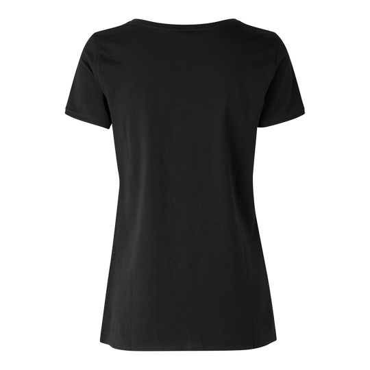 Barrels and Shafts Women's T-Shirt - Black Das Bild zeigt ein schwarzes Damen-T-Shirt von hinten. Das T-Shirt hat einen einfachen, klassischen Schnitt ohne sichtbare Aufdrucke oder Muster.