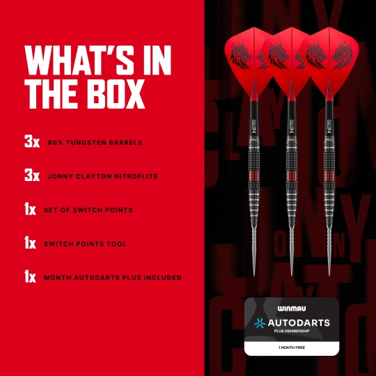 Die Aufnahme zeigt Red Dragon Jonny Clayton RD-PRO Switch Point Steeldarts aus einer anderen Perspektive. Die feine Struktur und Form der Darts ist erkennbar.