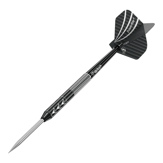 Bulls Challenger Arno Merk steel darts - 22g Das Bild zeigt einen Bulls Challenger Arno Merk Steeldart mit einem Gewicht von 22g. Der Dart ist überwiegend schwarz mit einem silbernen Griffbereich und einer schwarzen Flight.