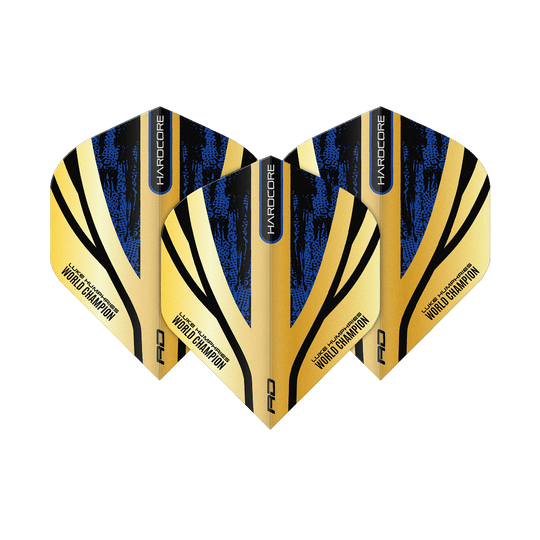 Red Dragon Hardcore Premium Luke Humphries Gold Standard Flights Das Bild zeigt drei Dart-Flights mit einem gold-schwarzen und blauen Design. Auf den Flights steht "Luke Humphries World Champion" sowie "Hardcore".