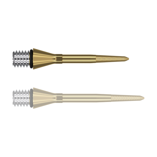 380166_Target_Titanium_Swiss_Point_Nano_Conversion_Points_Gold_26mm_1eRvYDFNbRqr4n Das Bild zeigt zwei goldene Swiss Point Nano Conversion Points von Target. Sie haben eine schlanke, spitze Form und ein silbernes Schraubgewinde am Ende.