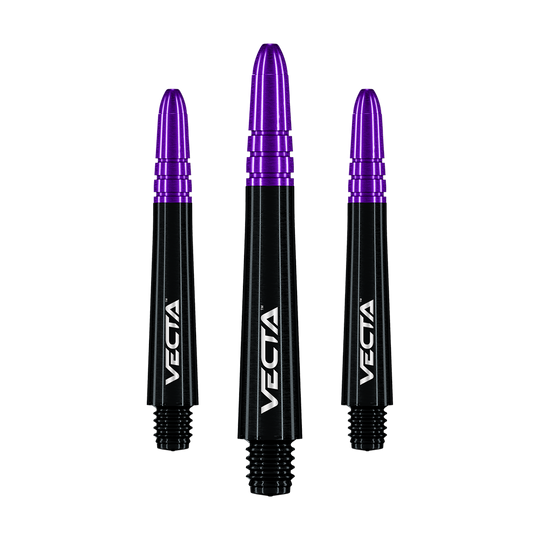 Das Bild zeigt drei Dartschäfte mit schwarzem Schaft und violettem Kopf. Auf den Schäften steht das Wort "VECTA" in weißer Schrift.