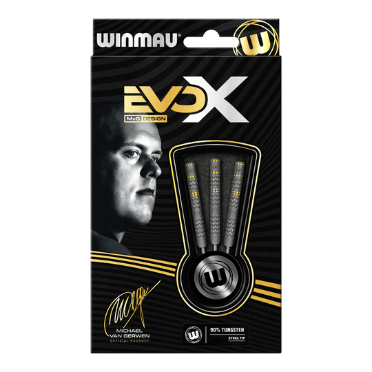 Die Verpackung zeigt die "Winmau Michael Van Gerwen Evo-X Steeldarts" mit stilvollem Design und prominenter Abbildung von Michael Van Gerwen. In der Packung sind drei Steeldarts mit 90% Tungsten-Anteil sichtbar.