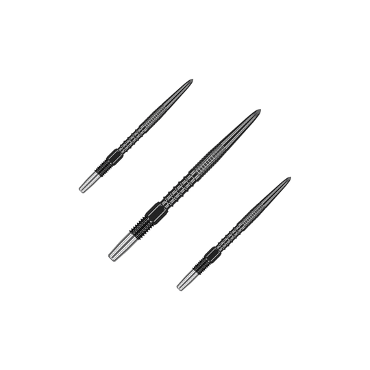 Target Swiss Firepoint Black dart tips Das Bild zeigt drei schwarze Dartspitzen, die nebeneinander angeordnet sind. Sie sind schmal und haben ein geripptes Design für besseren Halt.