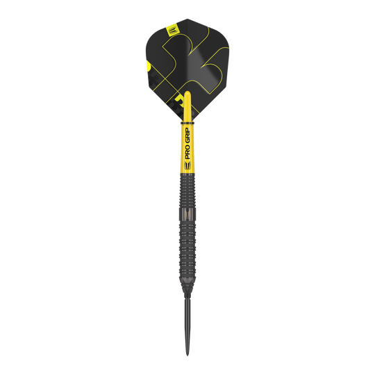 Target Bolide Void 02 Swiss Point steel darts Das Bild zeigt einen Target Bolide Void 02 Swiss Point Steeldart. Der Dartpfeil ist schwarz mit gelben Akzenten und hat eine strukturierte Griffoberfläche.