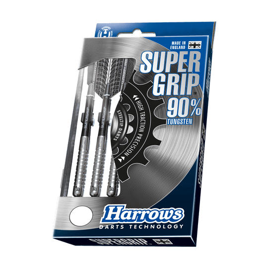 HA11650-Harrows-Supergrip-90-Tungsten-Steeldarts-3-4-Plastikbox Das Bild zeigt eine Verpackung der "Harrows Supergrip 90% Tungsten Steeldarts". In der Schachtel sind drei silberne Steeldarts mit einem hohen Wolframanteil zu sehen.