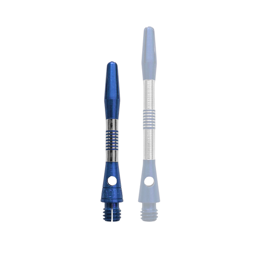 Ein einzelner blauer Aluminium Dart Schaft, 34mm lang, ist im Bild. Dieser Schaft eignet sich für Dart-Liebhaber und Bastler.