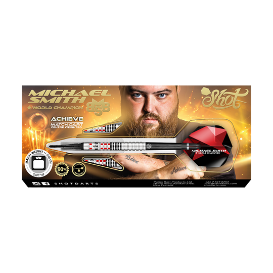 Shot Michael Smith Achieve Soft Darts Auf dem Bild ist eine Packung mit Softdarts der Marke Shot zu sehen, die vom Weltmeister Michael Smith beworben wird. Die Verpackung zeigt ein Bild von Michael Smith und hebt die Eigenschaften des Produkts hervor.
