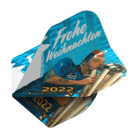 WF-6_Red_Dragon_Merry_Christmas_Flights_Snakebite_2022_2 Das Bild zeigt ein Dart-Flight mit dem Aufdruck "Frohe Weihnachten" und einem Bild eines Dartspielers. Außerdem steht "2022 Double World Champion" darauf.