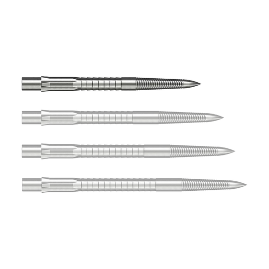Caliburn System Steel Dart Tips - Micro Grip - Silver Abgebildet ist eine silberne Caliburn Evo System Steeldartspitze Micro Grip mit 28 mm Länge. Die Spitze liegt deutlich sichtbar auf einem hellen Hintergrund.