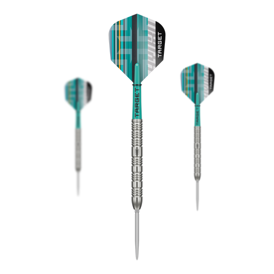 Target Hydro 02 Swiss Point steel darts Das Foto zeigt ein Set der Target Hydro 02 Swiss Point Steeldarts. Die verschiedenen Teile des Sets sind gut erkennbar.