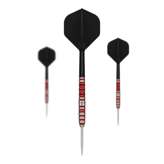 Hier sieht man das Set der Target Japan Black Marque Spinel Swiss Point Steeldarts - 23g. Das Set besteht aus mehreren hochwertigen Pfeilen für das Dartspiel.
