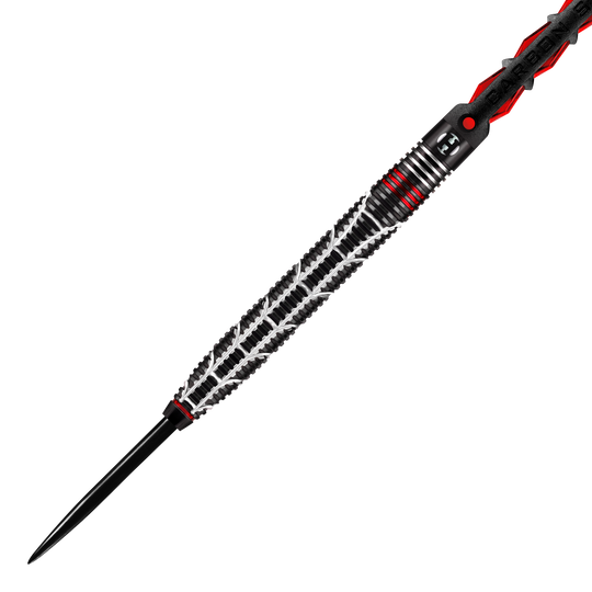 Harrows Atrax Steeldarts Das Bild zeigt einen modernen Steeldartpfeil mit schwarzem und silbernem Griffmuster. Rote Akzente und feine Gravuren verleihen dem Dart ein auffälliges Design.