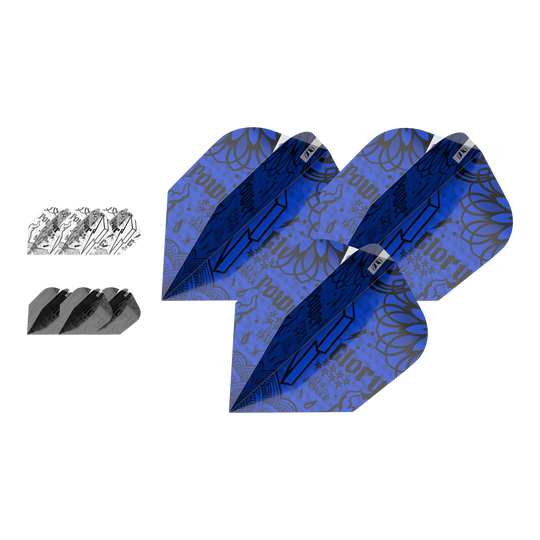 Das Bild zeigt drei Sets von Target Ink Bundle Power No6 Flights in verschiedenen Farben und Designs. Die Flights sind in Blau, Schwarz und Weiß mit auffälligen grafischen Mustern gestaltet.