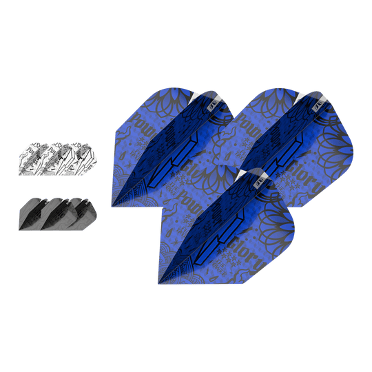 Target Ink Bundle 3 Sets Power No6 Flights Das Bild zeigt drei Sets von Target Ink Bundle Power No6 Flights in verschiedenen Farben und Designs. Die Flights sind in Blau, Schwarz und Weiß mit auffälligen grafischen Mustern gestaltet.