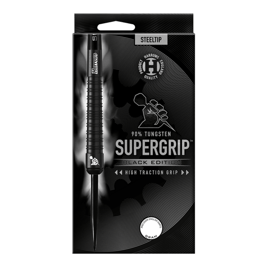 Harrows Supergrip Black Edition steel darts Das Bild zeigt die Verpackung der "Harrows Supergrip Black-Edition Steeldarts". Die Verpackung ist schwarz gehalten und hebt die hohe Griffigkeit sowie einen 90%igen Tungsten-Anteil hervor.